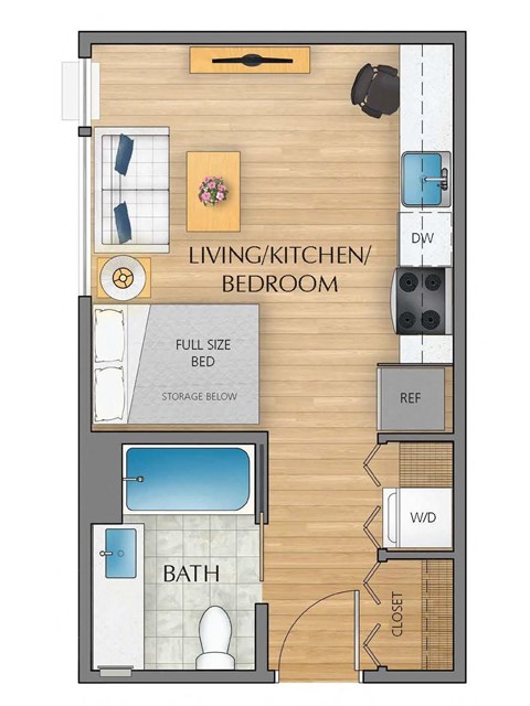 Floor plan for studio, 1 bath, 351 sqft
